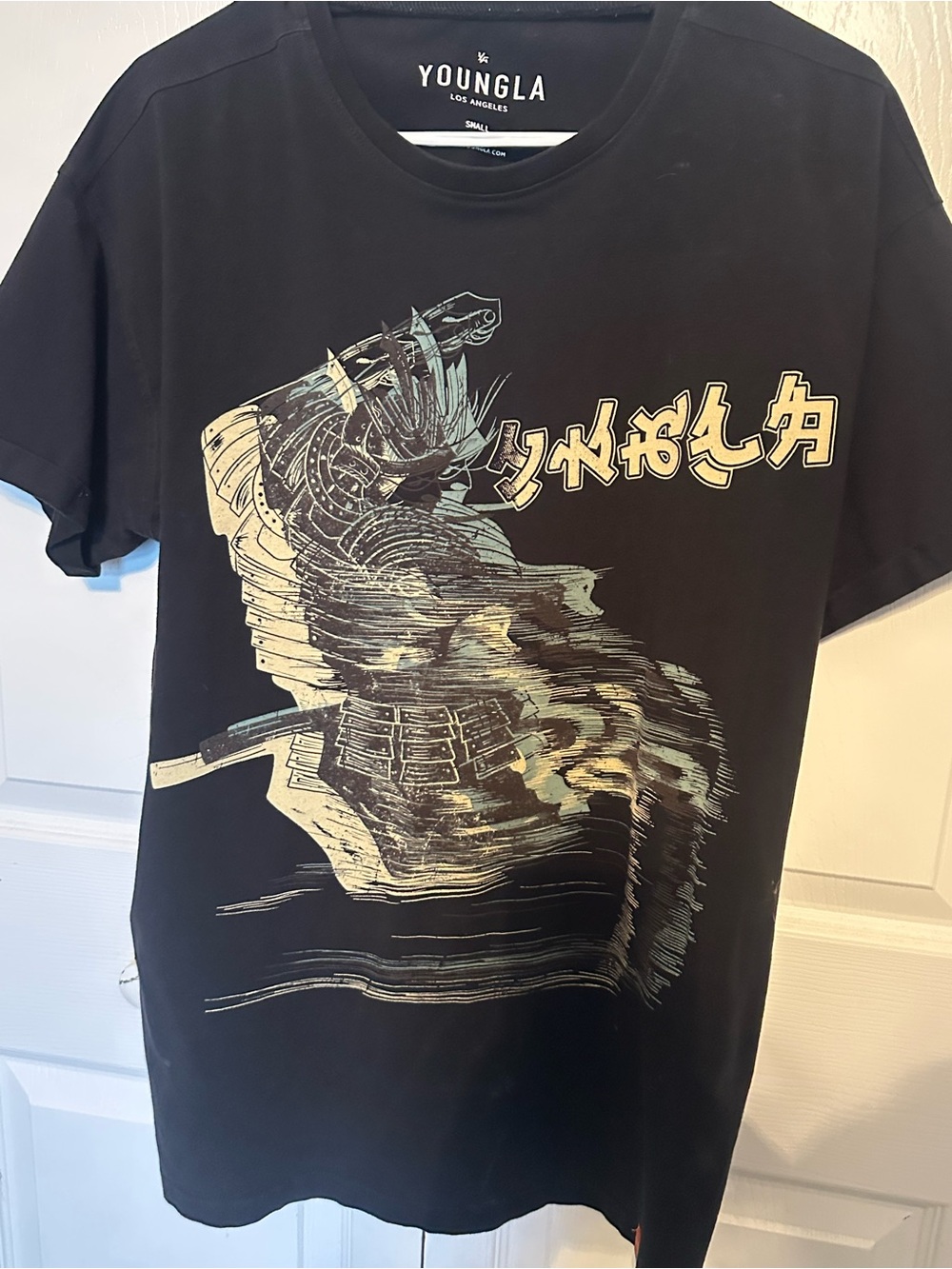 YoungLA Black Tee with Pale Blue and Cream Graphic